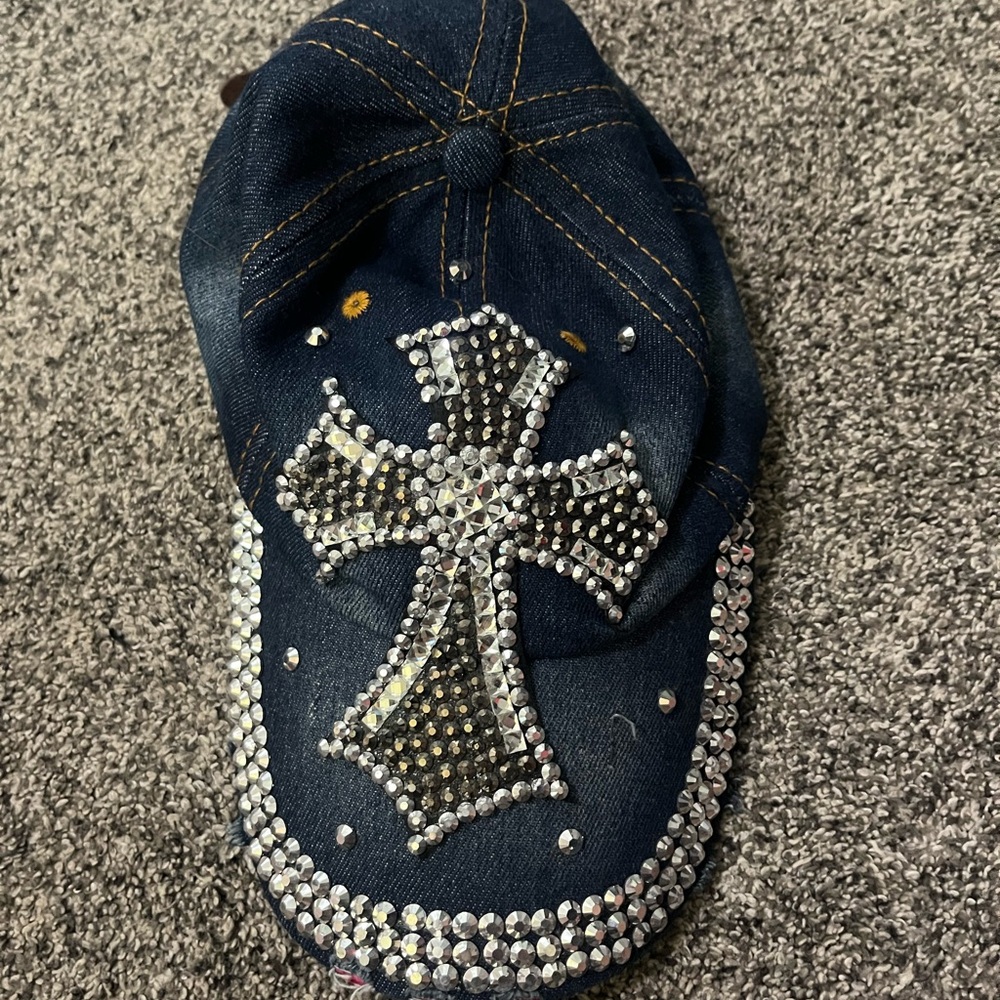 Embellished Denim Cap with Cross Design